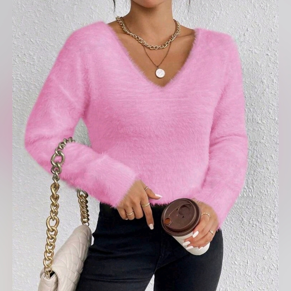 New Luxe Fluffy Knit V Neck Sweater Top Pink